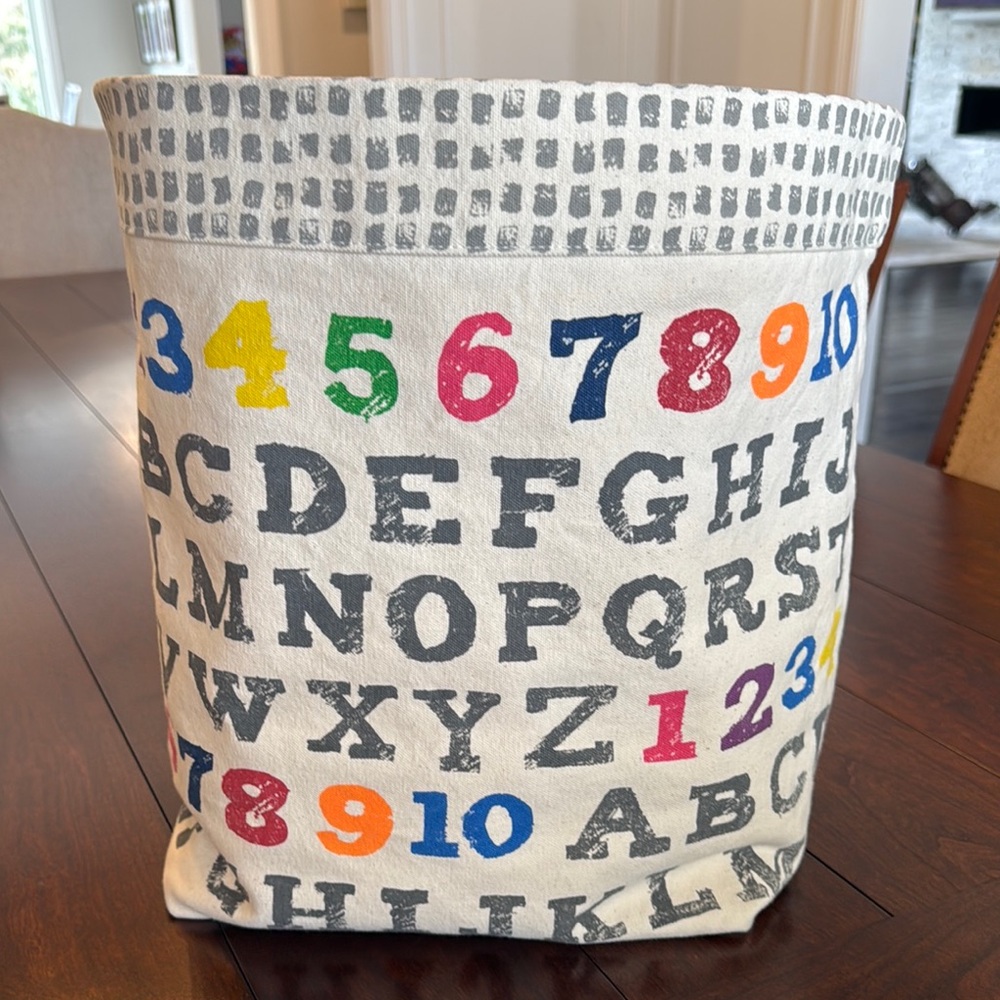Gray Fabric Storage Basket with Colorful Numbers and Bold Letters